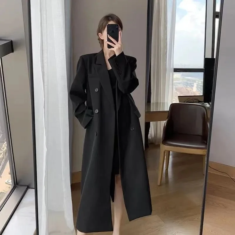 

Trench Coat for Women Suit Collar Double-breasted Solid Color Long Coat Elegance Office Lady Jackets Autumn Winter Clothes Women