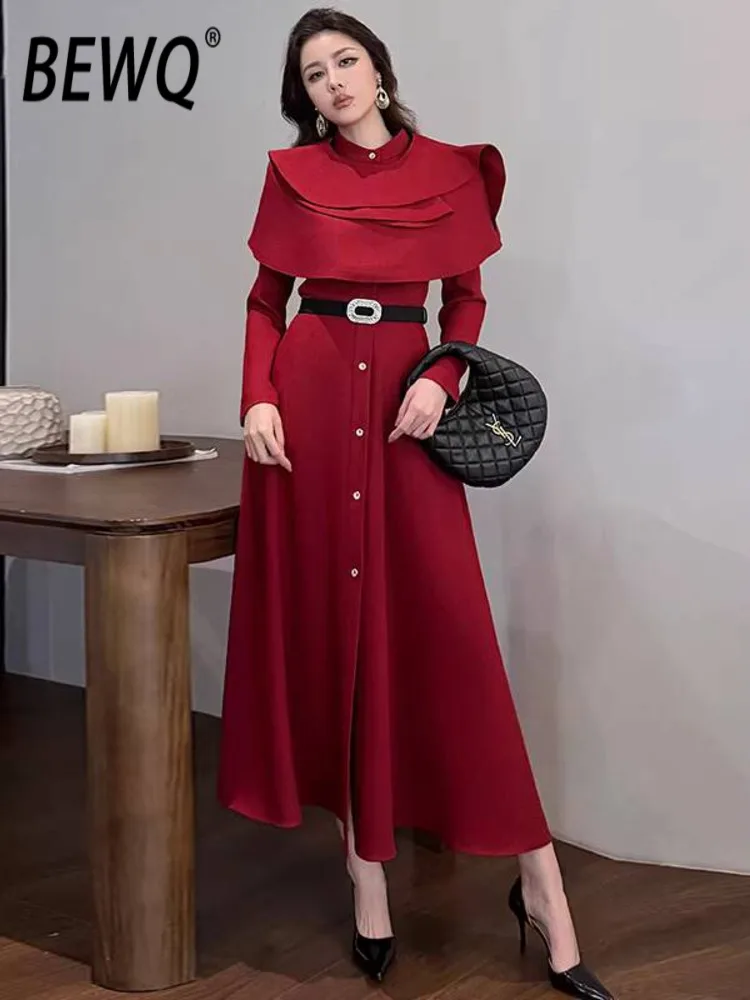 

BEWQ Fashion Women' Elegant Dress O-neck Patchwork Shawl Belt Waist Single Breasted Evening Party Dress 2025 Autumn New