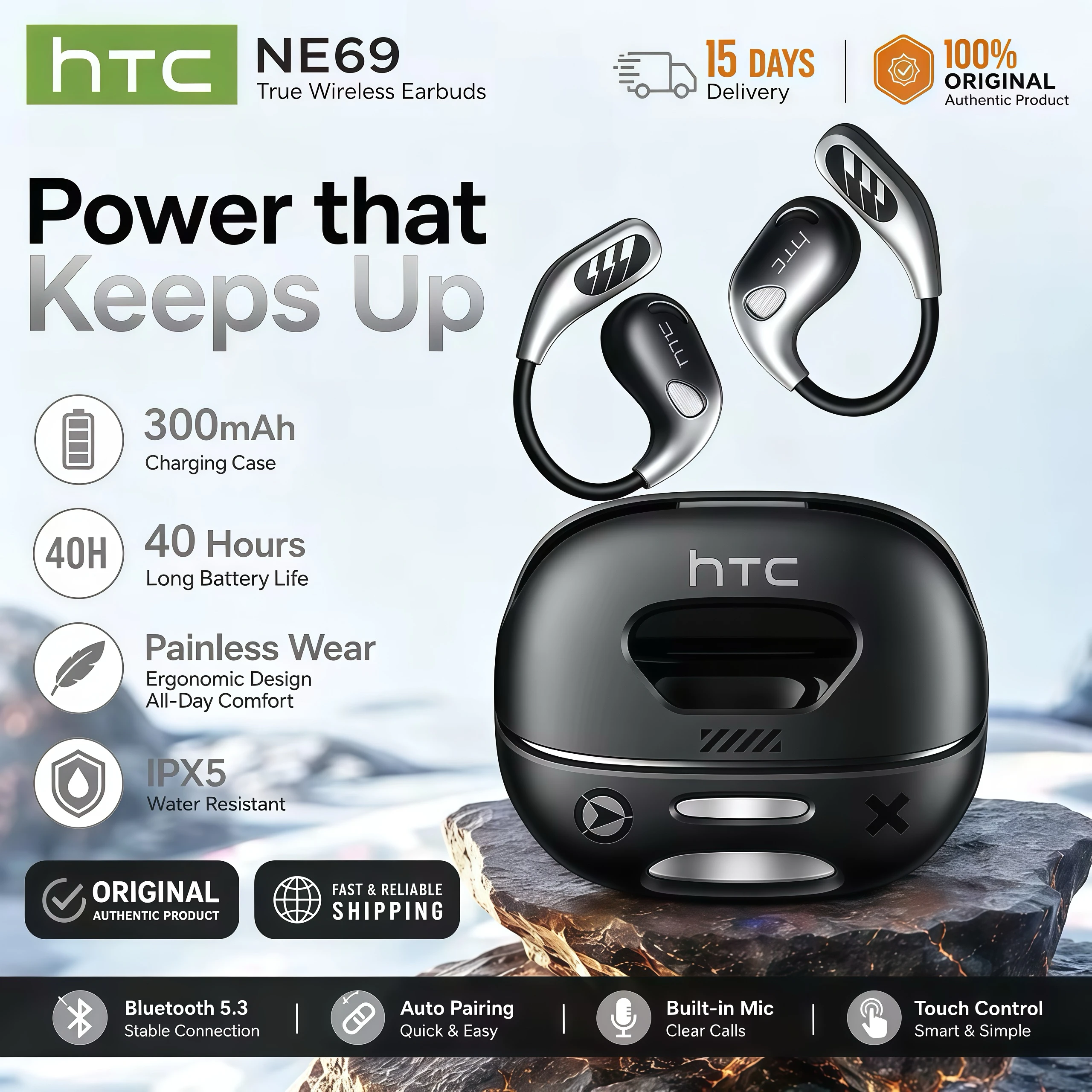 Écouteurs Traducteurs IA HTC NE69 135 Langues, Casque Sans Fil à Faible Latence avec Micro, Batterie Longue Durée, Écouteurs Bluetooth à Crochet d'Oreille