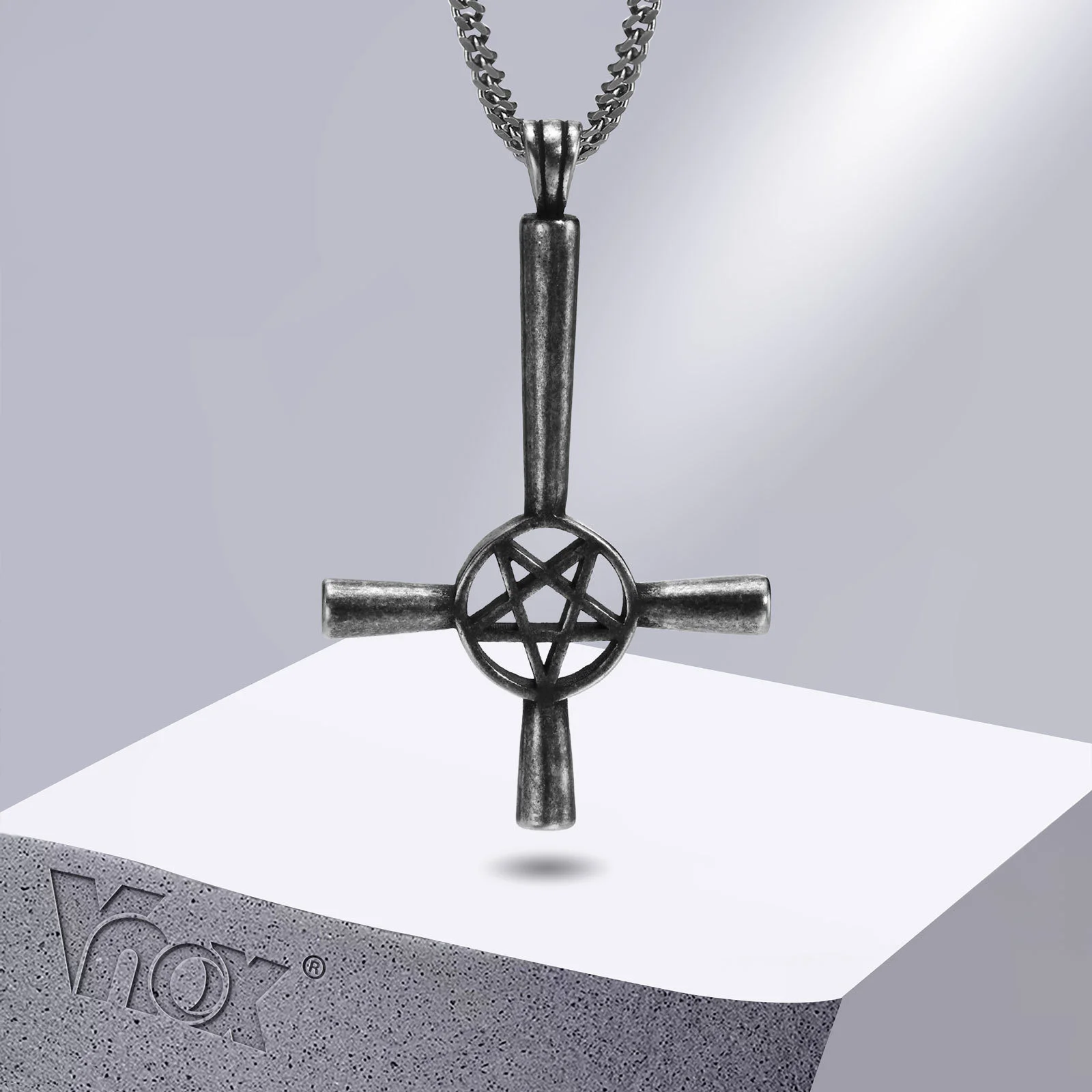 Vnox Men Inverted Cross Necklaces, Upside Down Cross Satan David Star Pendant with Cuban Chain, Vintage Retro Boy Collar