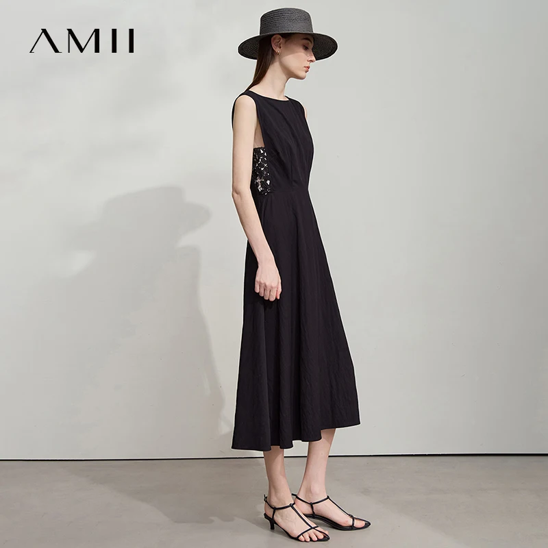 

AMII Minimalist Korean Summer Dress 2025 New Elegant Commuting Sleeveless One Piece Collar Lace Waist Dress For Women 12522088