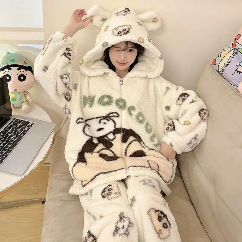 Crayon Shin-chan Women\'s Pajamas Set Autumn Winter Solid Warm 2PCS Thicken Velvet Pullover and Pants Women Casual Pajama Sets