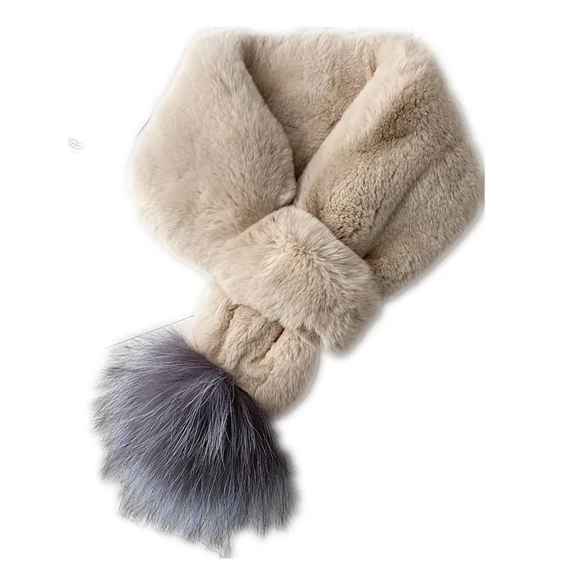 Winter Real Rex Rabbit Fur Scarf Women Warm Neck Scarves Fluffy Collar with Genuine Silver Fox Fur Pompom