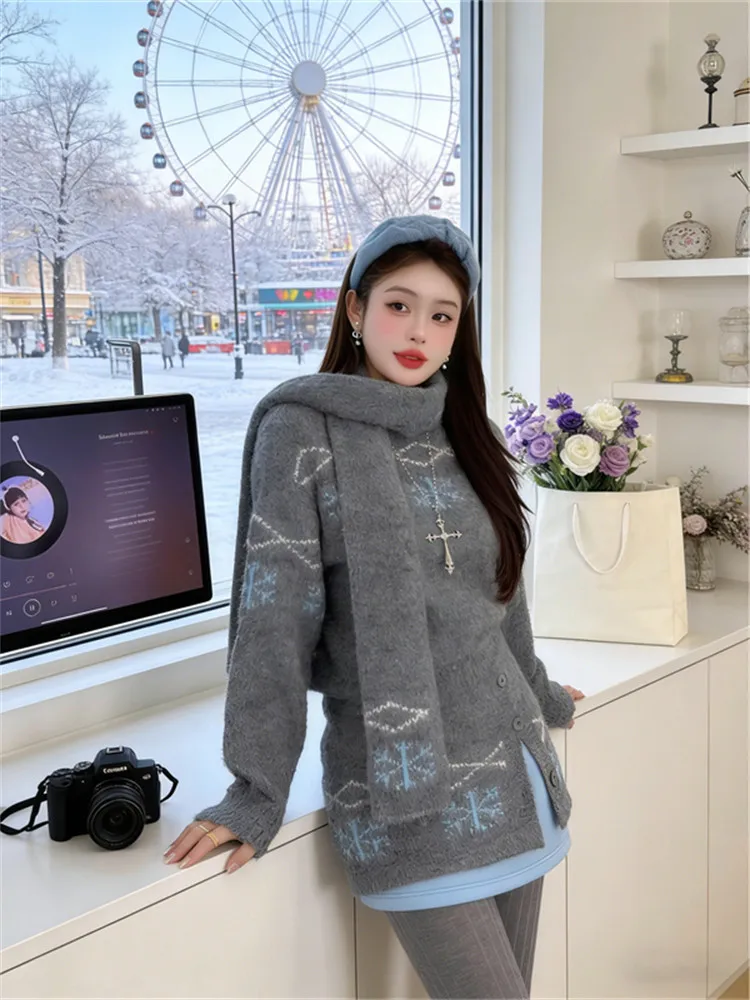 

Comfortable Knitted Casual Set Women's Faionable Scarf Tee-Piece Spring New Sle Sweater Skirt High Waist Elastic