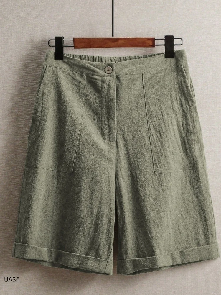 Women's Summer New Thin Five-point Pants Wide-leg Cotton and Linen Straight High Waist Women's Pants Fashion Outdoor Casual Pant