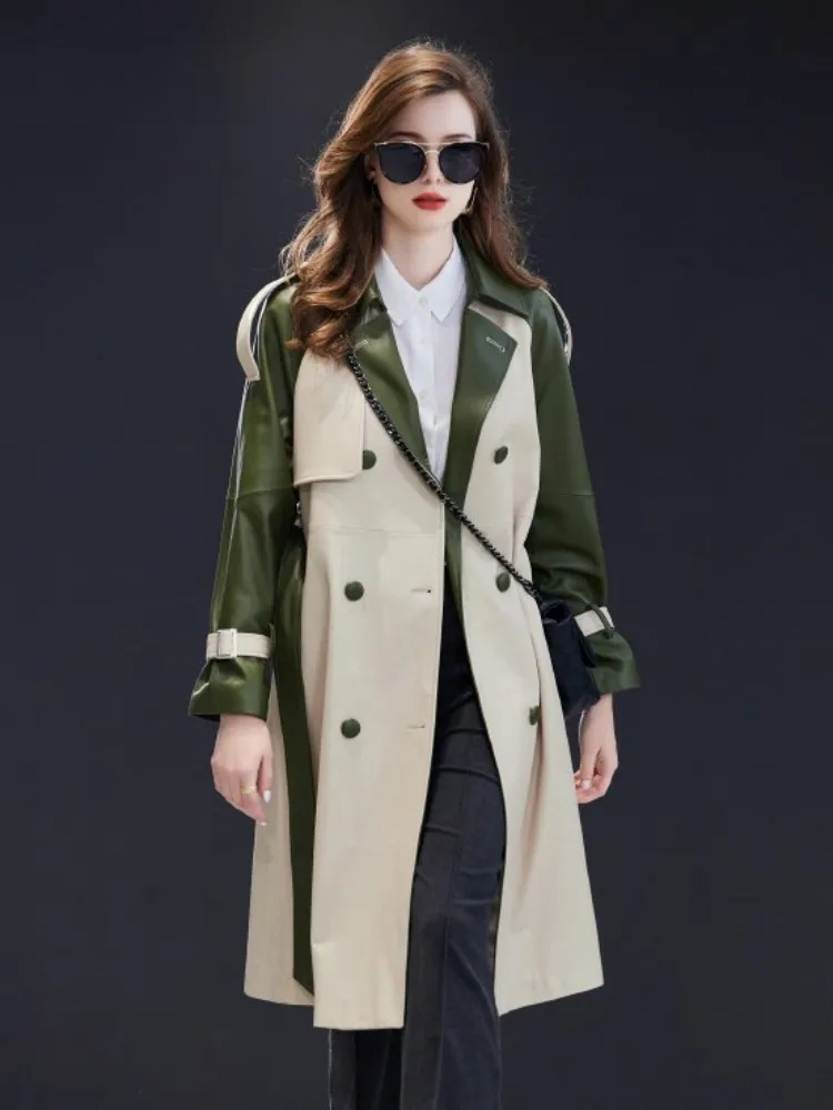 New Autumn Panelled Colour High Quality Women Genuine Leather Long Coat Office Ladies Double Breasted Sheepskin Trench Overcoat