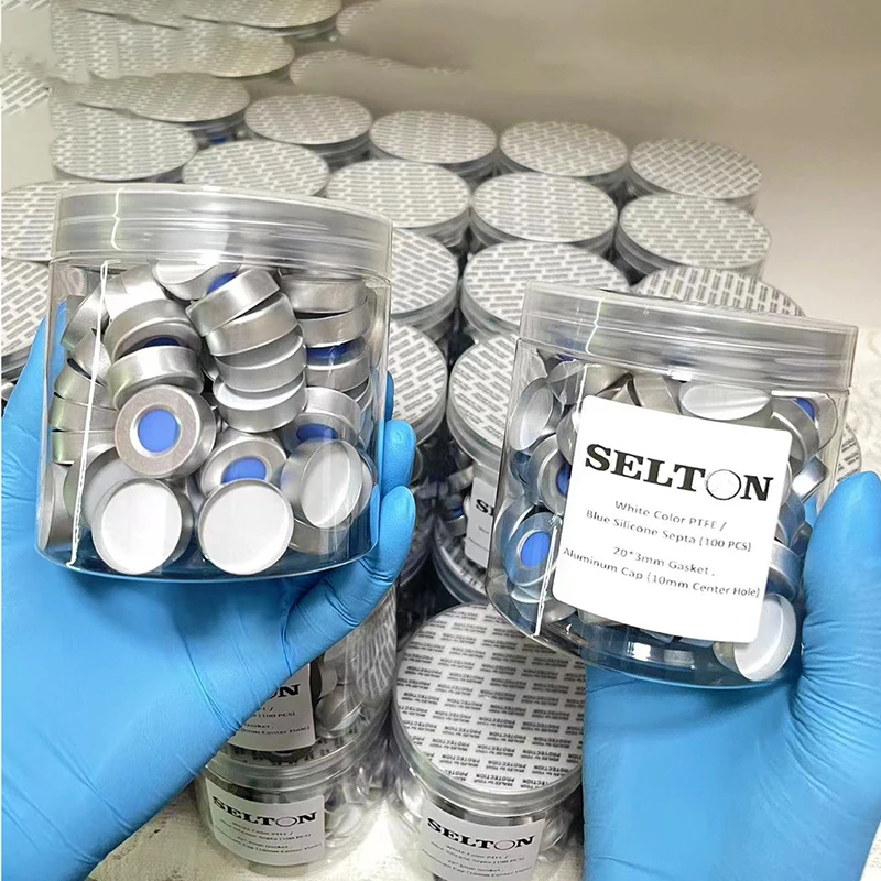 Septa in silicone bianco PTFE/blu, tappo superiore a crimpare da 20 mm * 3 mm, foro centrale da 10 mm per fiala da 20 ml, 100 pezzi, guarnizione da 20 * 3 mm
