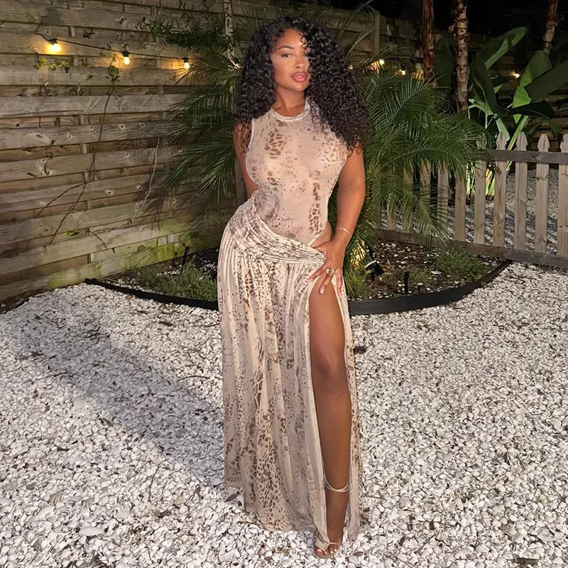 

Leosoxs Print Vacation 2 Piece Sets Women Sexy O-neck Sleeveless Bodysuit+Ruched High Split Maxi Skirt Matching Beach Streetwear