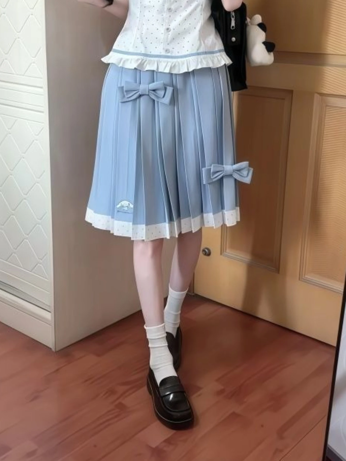 Japanese Sweet Cute 2 Pieces Set Women Sleeveless Polka Dot Sailor Collar Shirt + Blue Bow Pleated Skirt Harajuku Chic Outfit
