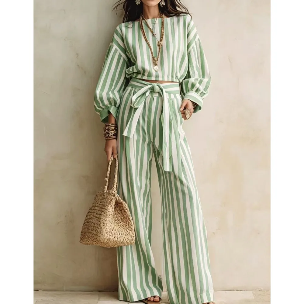 Women New Striped Long-sleeved Shirts Trousers 2piece Set Fashion Casual Ultra-short Top Waisted Lace-up Loose Wide-leg Long Set view 4
