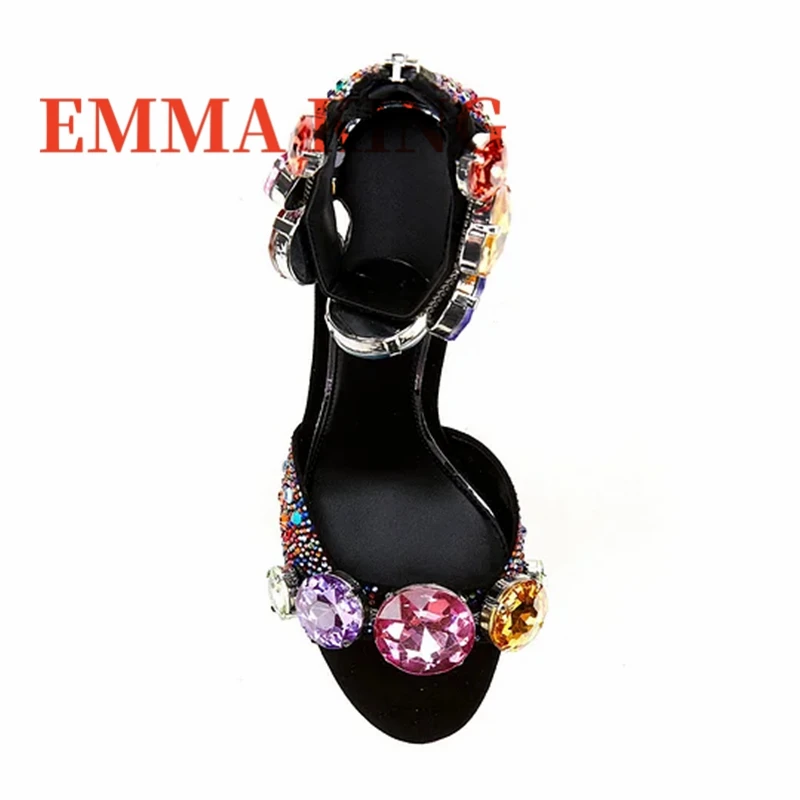 جولة تو كعب ستيليتو حجر الراين الصنادل أزياء المرأة رقيقة عالية الكعب حذاء من الكريستال تصميم فاخر النساء أحذية الحفلات المسائية #2