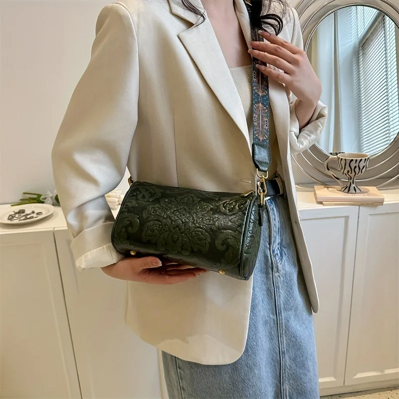 Fashionable Chinese Style Retro Women's Cylindrical Bag Single Shoulder Wide Shoulder Strap Crossbody Bag Cylindrical Embossed