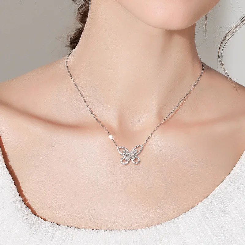 Silver Plated 18K Gold Necklace Exquisite Colorful Baby Stone PT950 Platinum Butterfly Shape Clavicle Chain Light Luxury