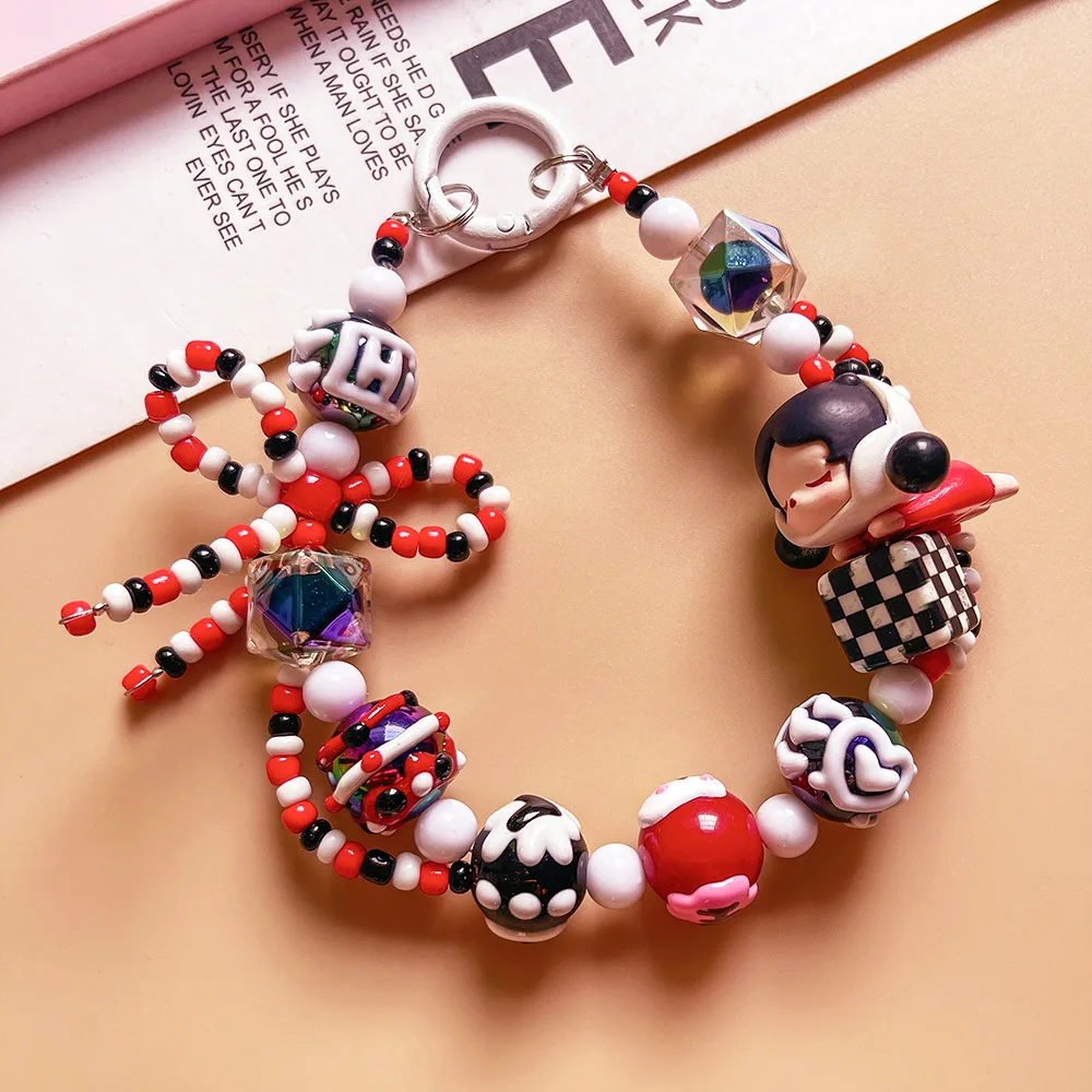 Colorful Bubble Mart Beaded Phone Chain Cute Hand-drawn Beads Key Chains Ornaments for Women