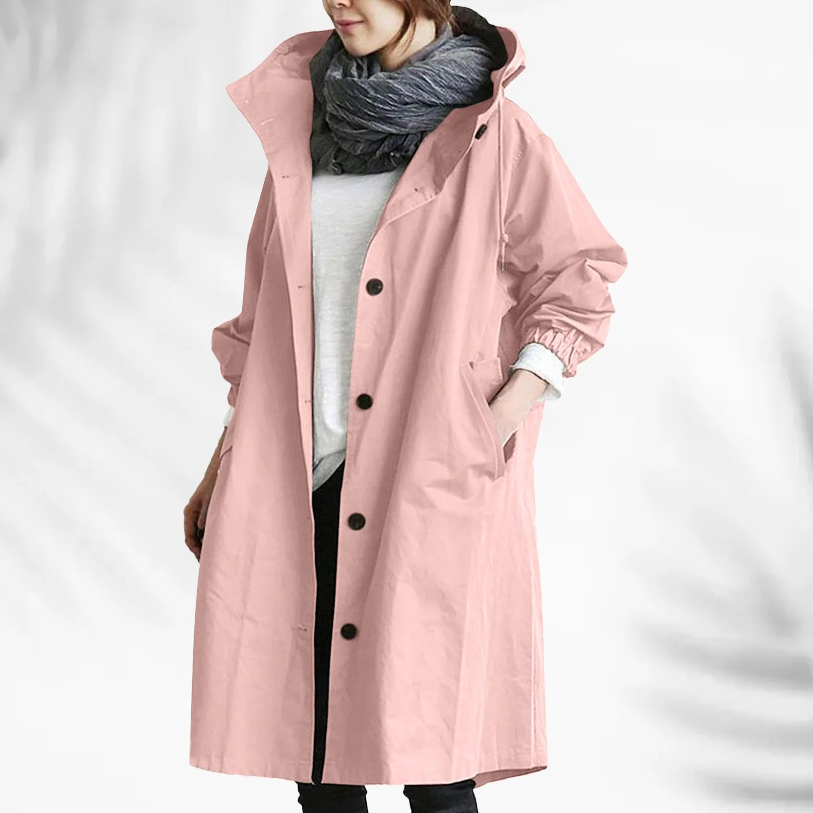 2024 Autumn Winter Casual Korean Fashion Hooded Medium Long Overcoat Loose Windproof Coat Women Trench Coat Solid Color Pockets