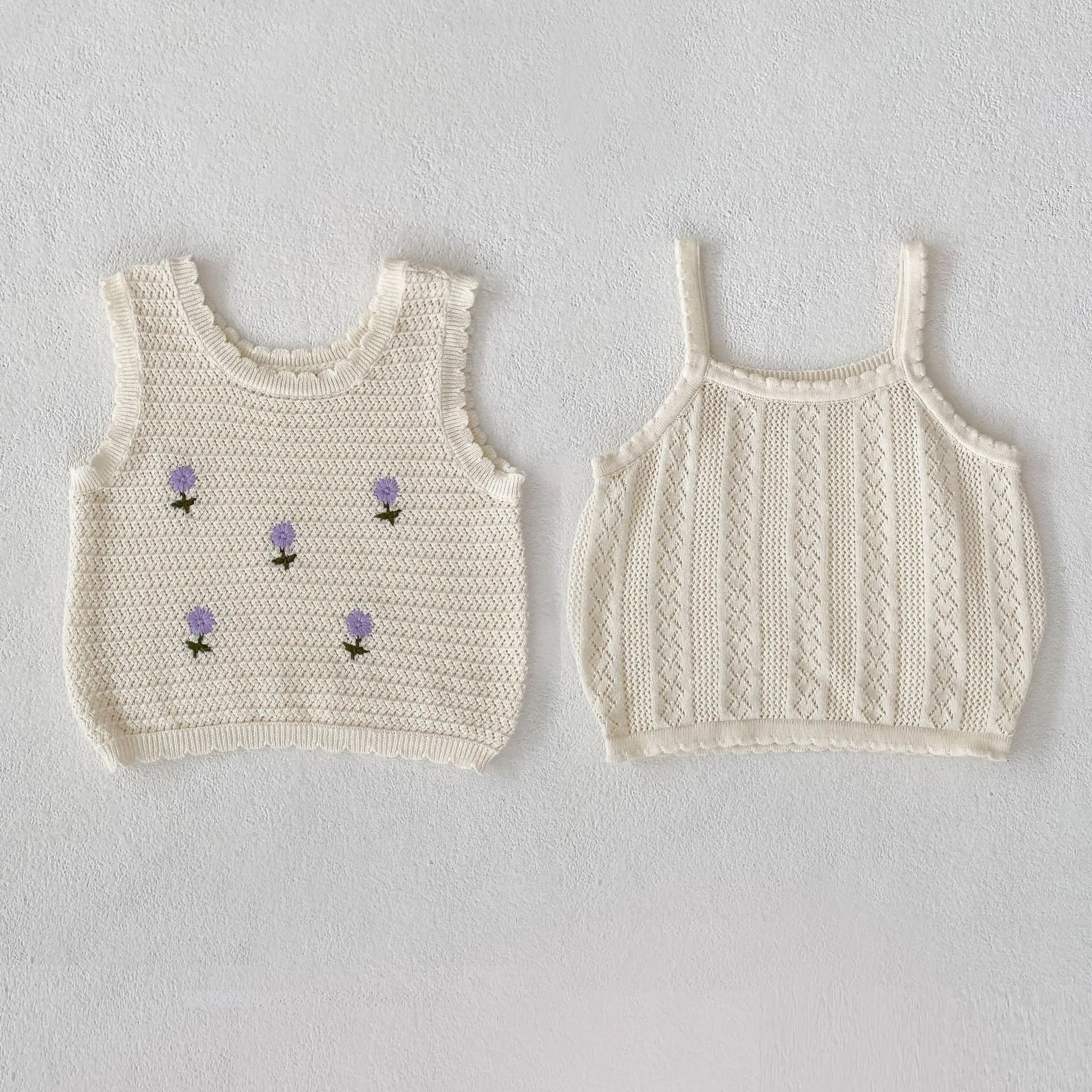 

Baby Clothing Embroidered Vest Knitted Suspenders 2024 Summer Baby Girl Hollow Out Soft Thin Top Sweet and Cute Vest