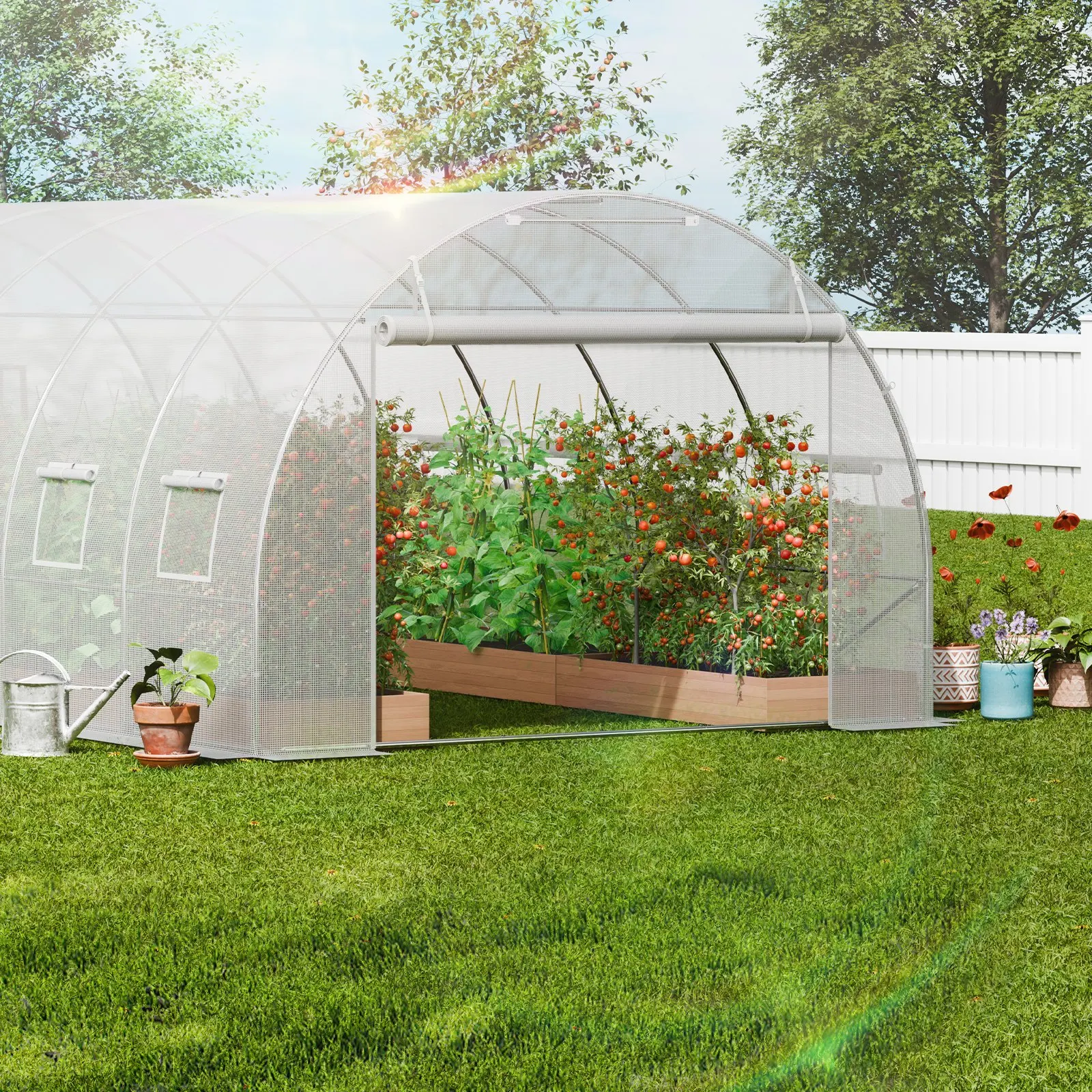 Serre tunnel en acier galvanisé 6,8x2,8x2,0m avec couverture en film PE blanc, grande serre de jardin pour légumes, tente de culture multi-rangs, porte zippée déroulable, 12 fenêtres de circulation d'air pour la culture en extérieur