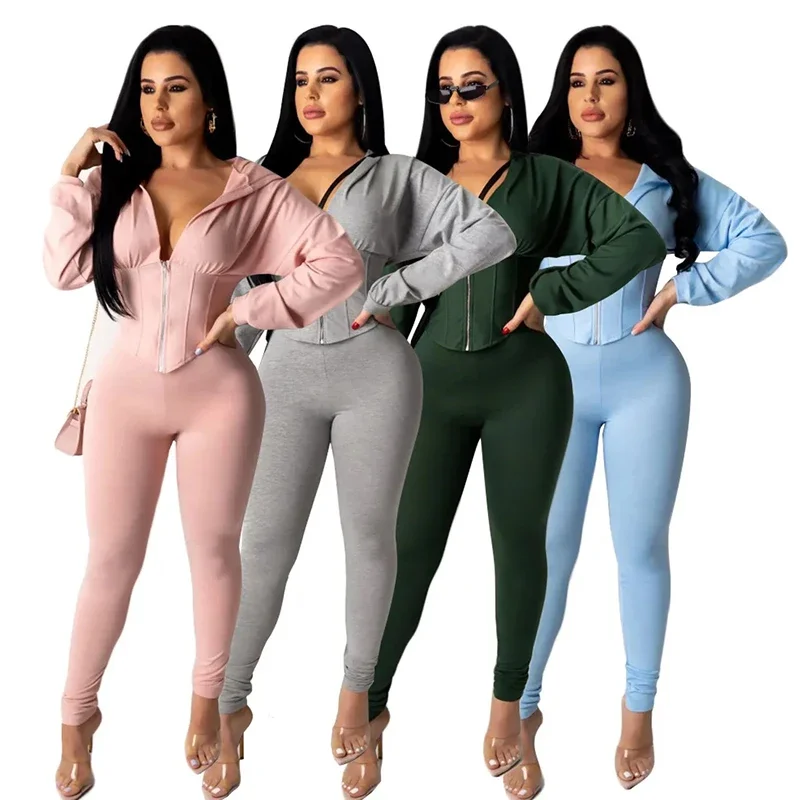 420418004 European and American women's zippered hooded cardigan pants fashion sports set