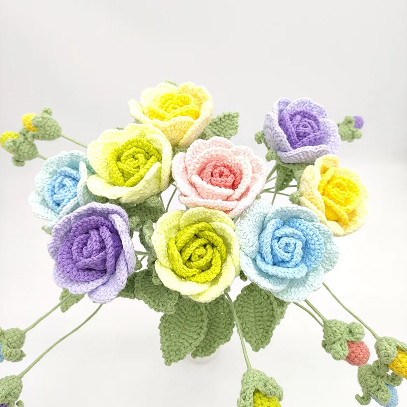 New Aritificial Flower Woolen Woven Rose Bouquet Diverse Color Indoor Decoration Holiday Gifts Exquisite Simulation Flowers