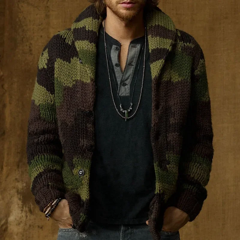 Nowy Męski Sweter Żakardowy w Kamuflażu Kardigan z Kołnierzykiem Dzianinowa Kurtka Jednorzędowa Zimowy Gruby Płaszcz Vintage Odzież Wierzchnia Dresy 3XL