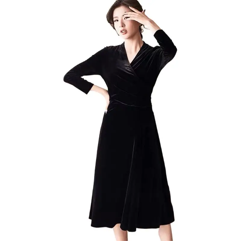 

Women Autumn Winter Long Sleeve Velvet Dress High Waist V Neck Party Dress Elegant Office Lady Vestidos vintage clothes faldas