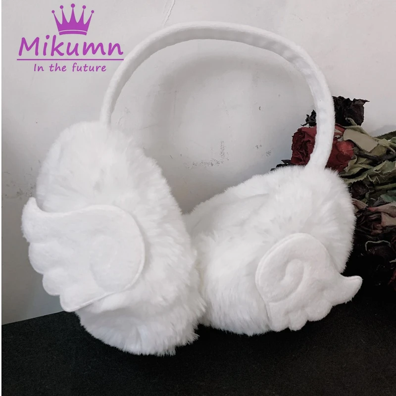 Harajuku Angel Wings Earmuffs de pelúcia para mulheres, Earmuffs quentes para meninas, adorável Chic Earflap, proteção ao ar livre para o frio, Y2k, branco, inverno