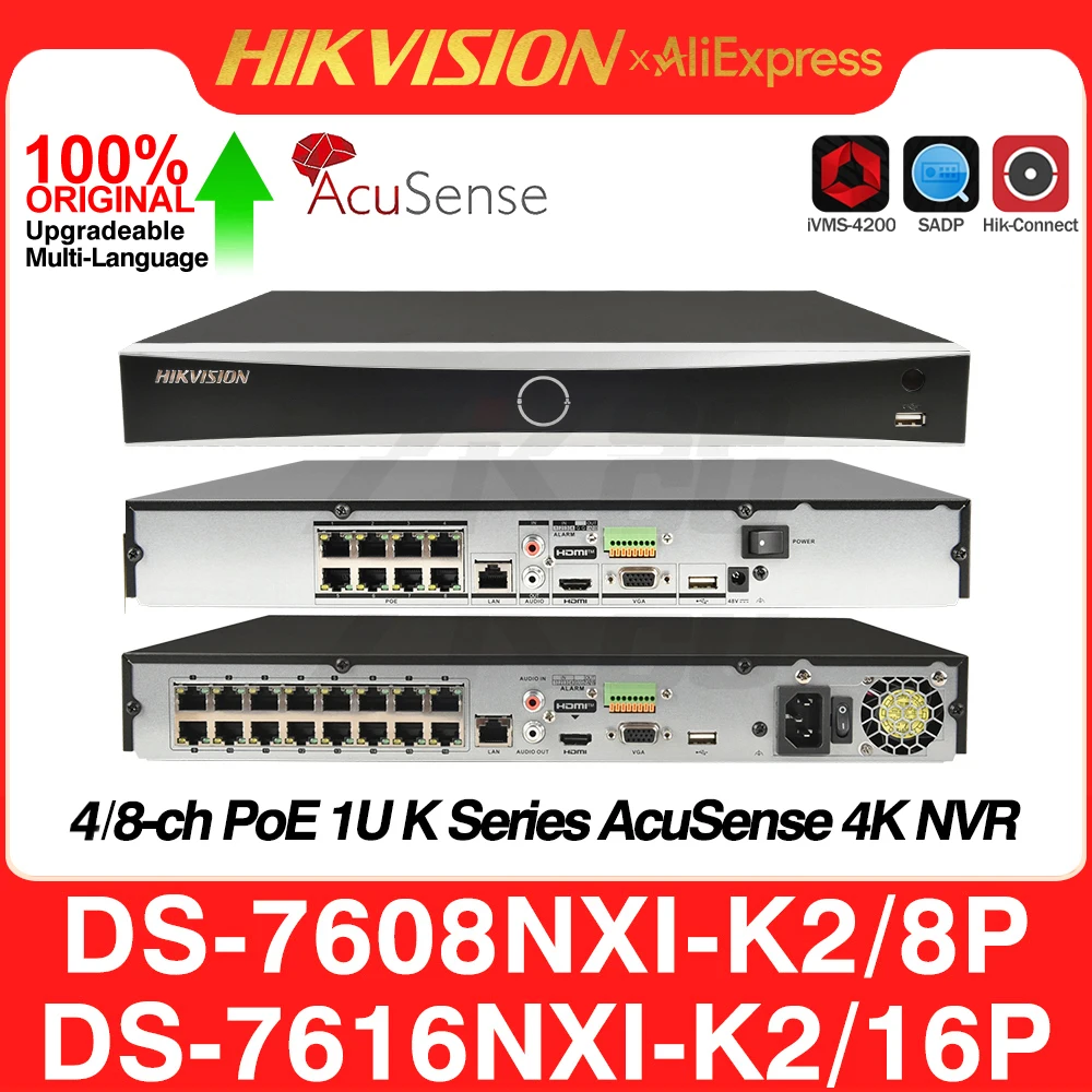 Hikvision DS-7608NXI-K2/8P DS-7616NXI-K2/16P 8/16CH POE AcuSense 4K NVR 2 SATA AI By Camera/Device MD2.0 Network Video Recorder