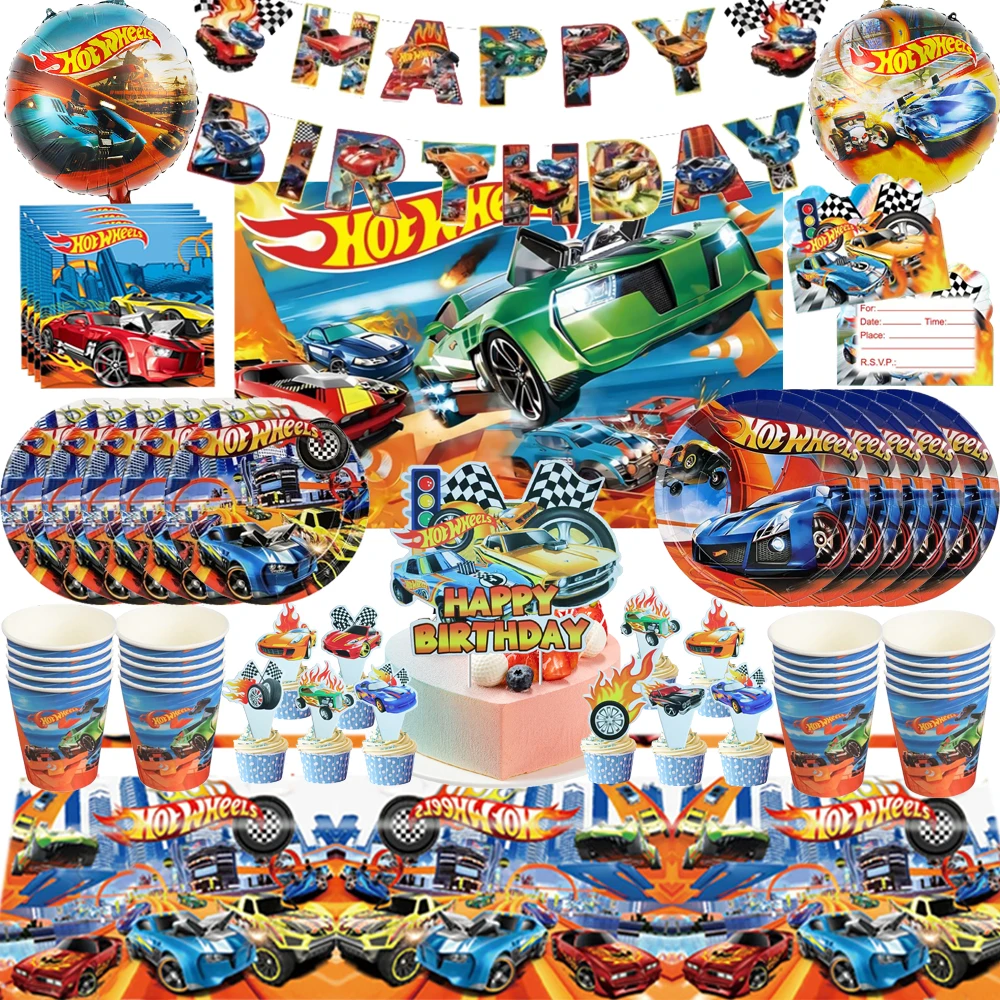 Hot Wheels Car Boy's Birthday Party Decorative Tableware Set Balloon Table Cloth Banner Baby Shower Party Car Toy Supplies