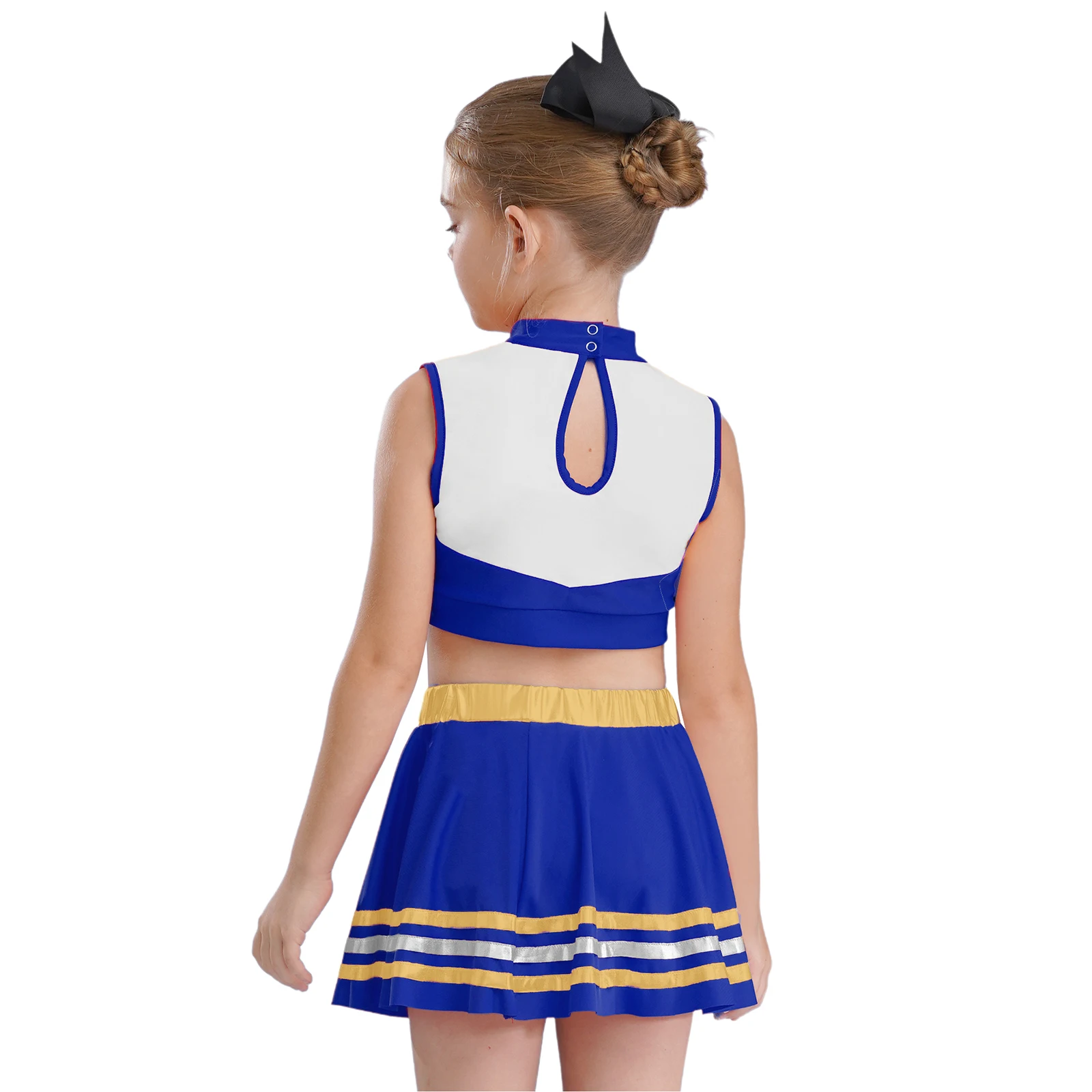 Cheerleading-Tanzkostüm für Kinder, Mädchen, 2-teilig, mit Buchstaben bedruckt, Farbblock, Schlüsselloch-Rücken, Tank-Crop-Top + Rock mit metallischem gestreiftem Saum