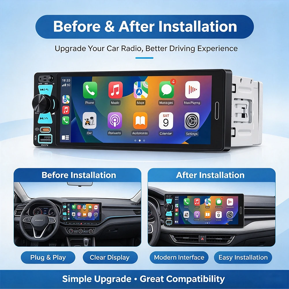 1din Universal Car Radio Android Auto CarPlay  Wireless Touch Screen FM/AM Car Stereo Mp5 Multimedia Player TF Port Camera