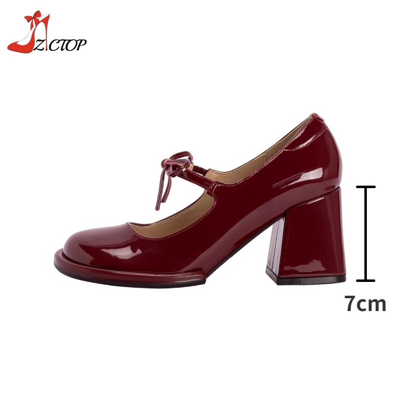 Red Mary Jane décolleté con tacco per donna 2024 primavera autunno nuova pelle verniciata Vintage papillon con tacco alto spesso scarpe eleganti da