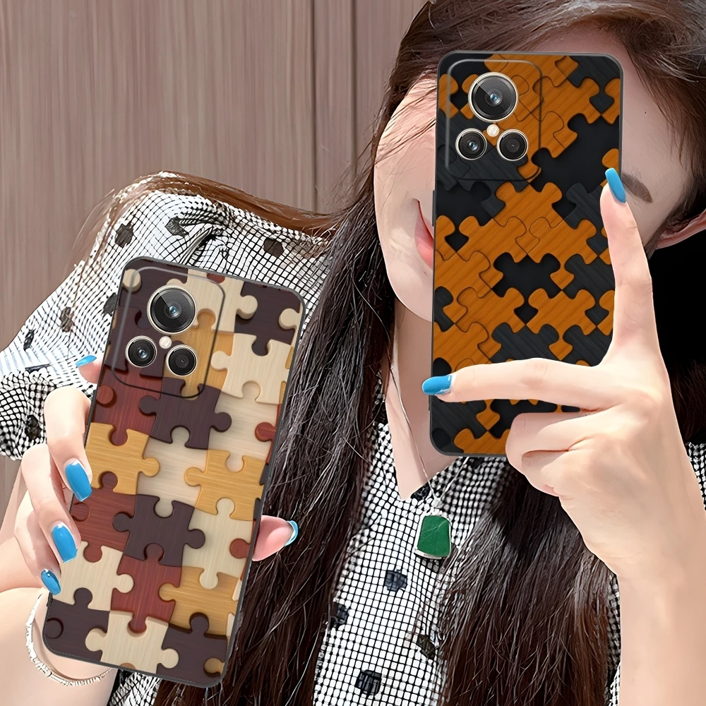 Puzzle Pretty Fashion Mobile Cell Phone Case for Realme GT 2 9i 8i 7i Pro X50 X2 C35 C21 C20 C11 C3 Black Soft Phone Cover Shell