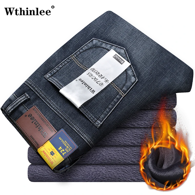 

Winter Thermal Warm Flannel Stretch Jeans Mens Winter Quality Famous Brand Fleece Pants Straight Flocking Trousers Denim Jean