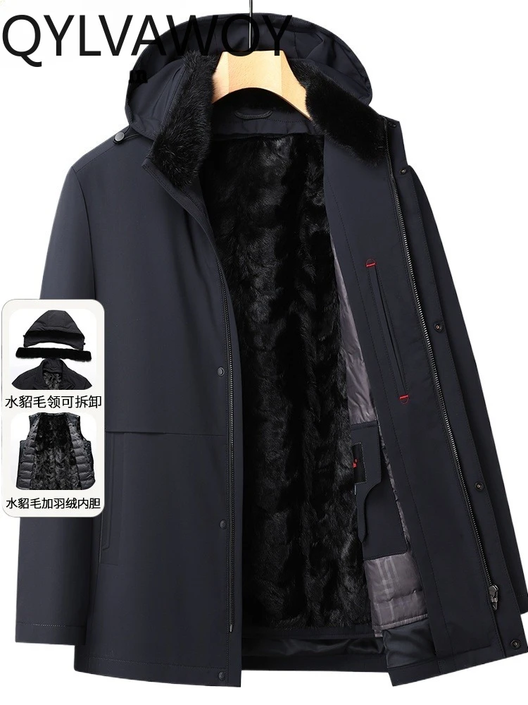 

QYLVAWOY 100% POLYESTER Men's Winter Mink Fur Lined Jacket Parka Middle-Aged Nickey Coat Hooded riders jacket men's LJ2066