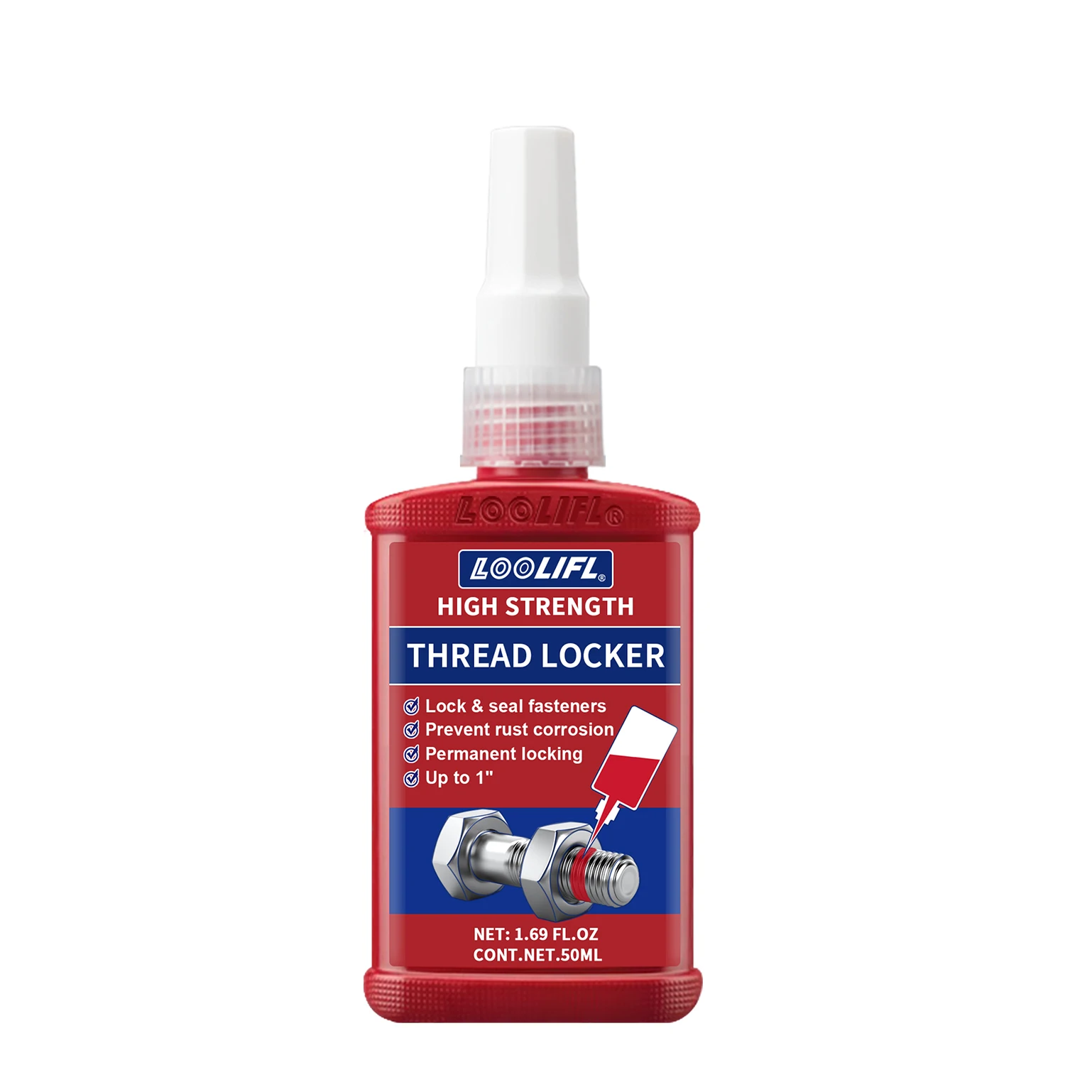 LOOLIFL Schraubensicherungskleber Blau Rot Mittelstark Hochfester Anti-Lose-Gewindedichtstoff Metallbolzen-Sicherungskleber 10ml 50ml