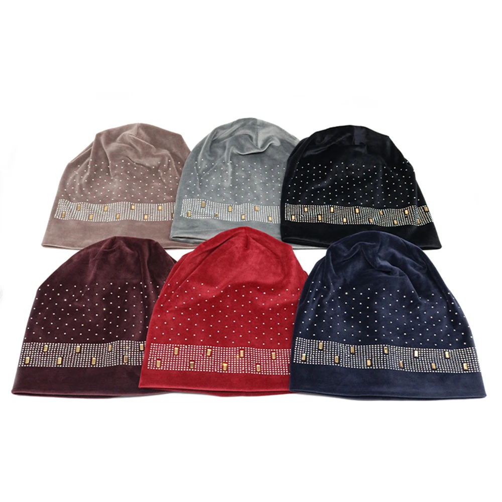 Women's Velvet Beanie Winter Soft Warm Slouchy Beanies Fashion Double layer Rhinstones Skullies Beanies Ladies Hat with Applique