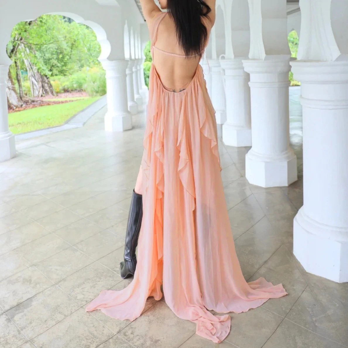 Roze Assymmey Ruches Chiffon Jurk Vrouwen Halter Mouwloze Elegante Kleding Dame Streetwear Elegante Vestidos Bodycon