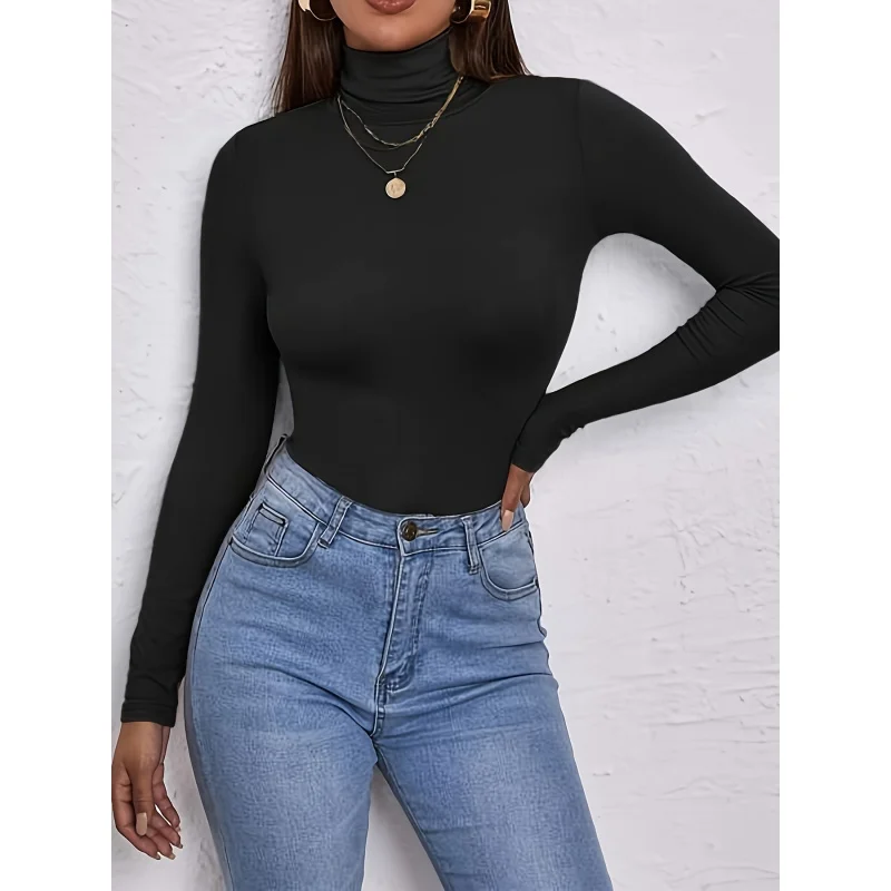 

Женский укороченный топ с высоким воротом и длинными рукавами – эластичный черный топ из смесового полиэстера, повседневный шикарный крой с пуговицами