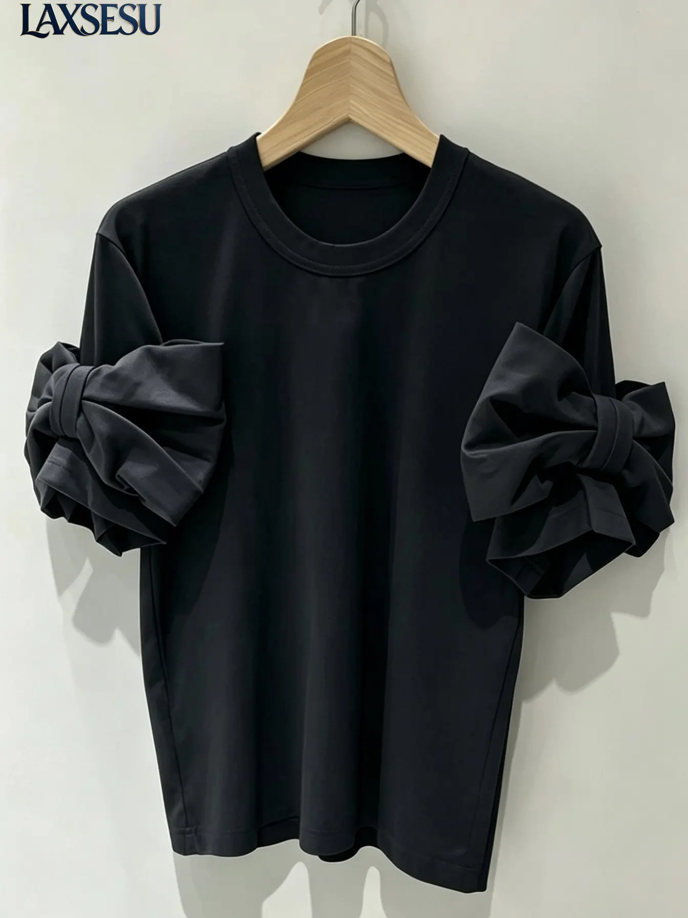 Summer Women's Tops White Tees Bow Sleeves Crew Neck Tee Short Sleeve T-Shirt Japanese Style Solid Color Loose T-shirts