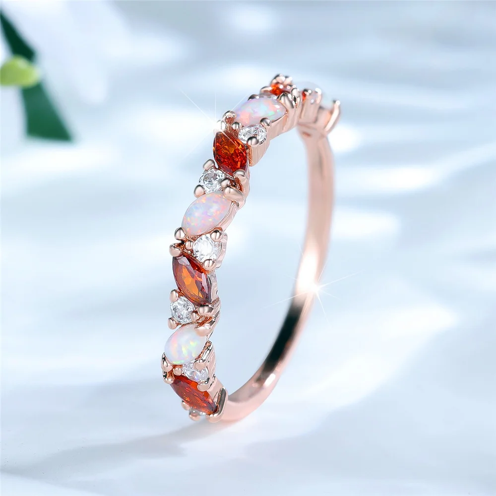 Female White Fire Opal Stone Ring Red Crystal Promise Love Engagement Rings For Women Rose Gold Color Wedding Jewelry