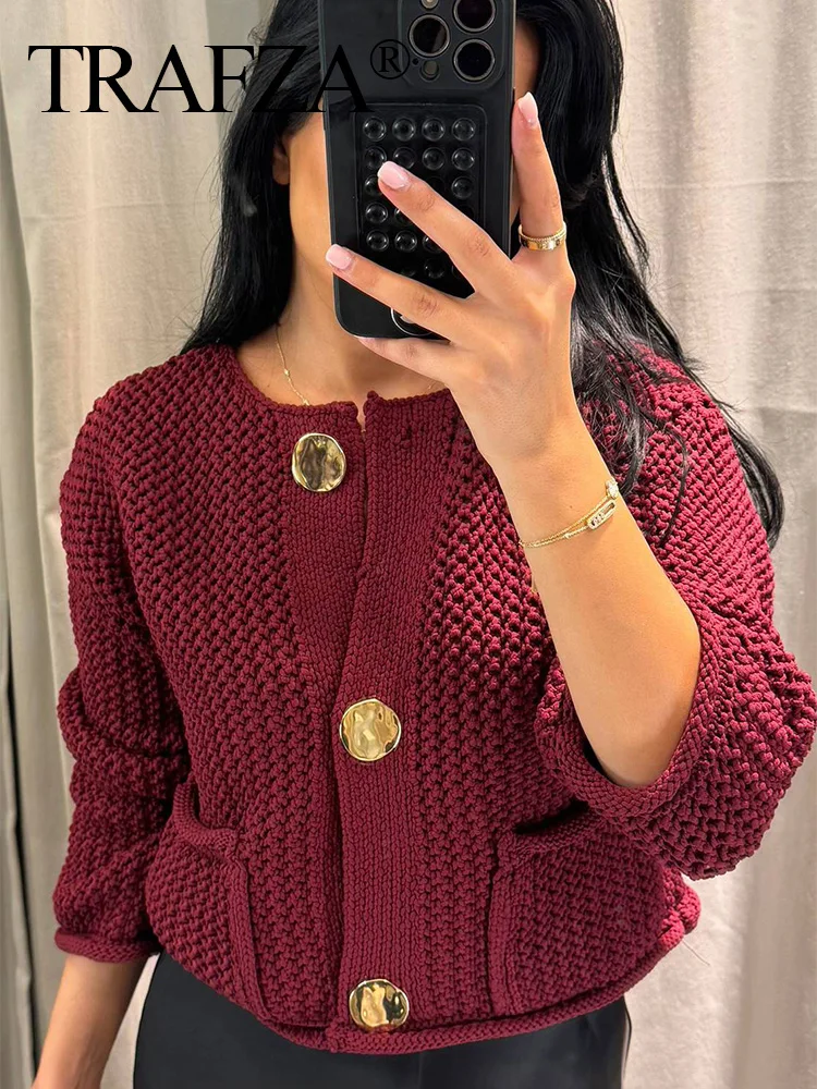 TRAFZA Autumn Women Elegant Burgundy Red Cardigan Fashion O Neck Long Sleeve Sweaters Office Lady Casual Crop Knitted Outerwear