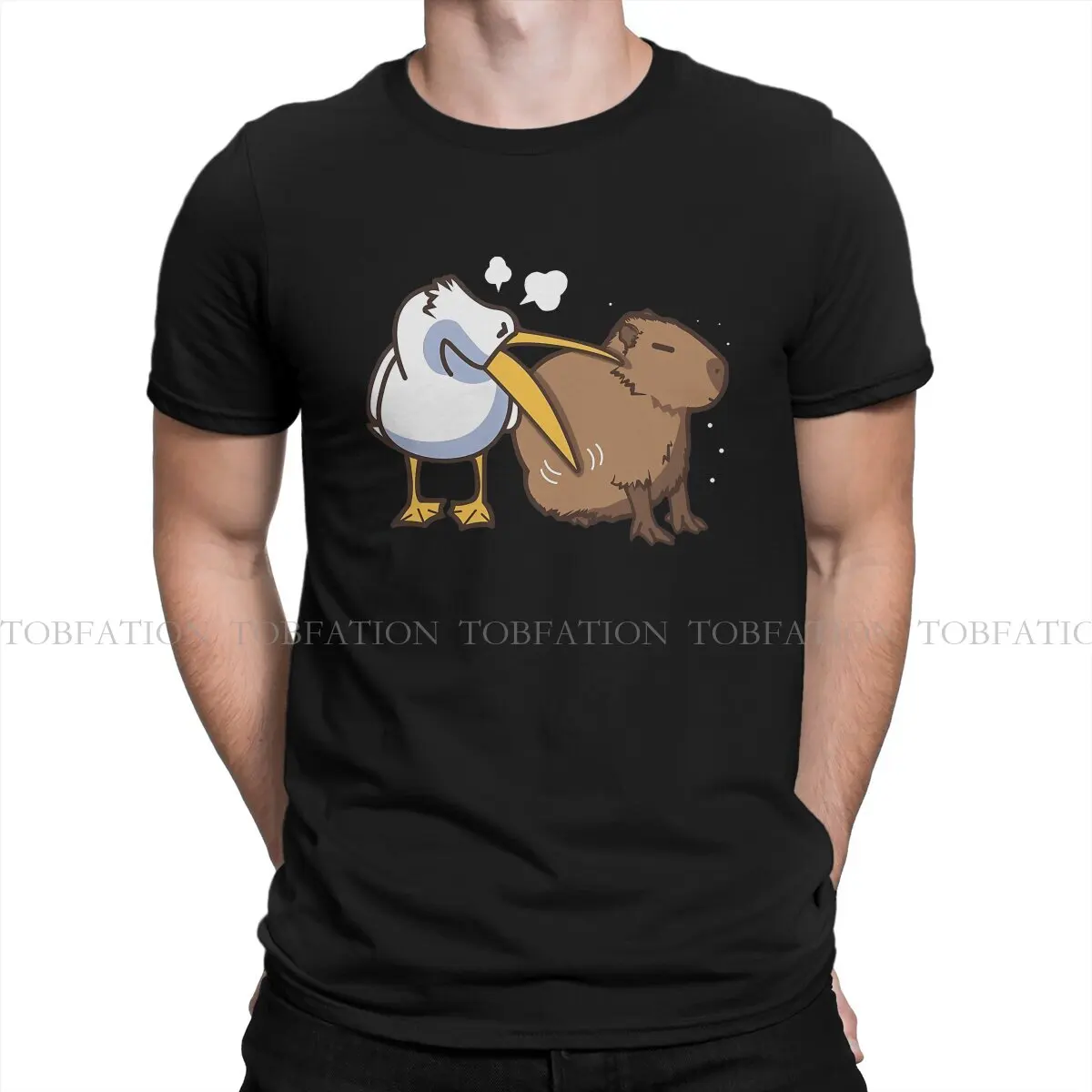 Pelican Tries to Eat Capybara Round Collar TShirt Capybara Animal Pure Cotton Fabric Basic T Shirt Man's Tops  Oversized
