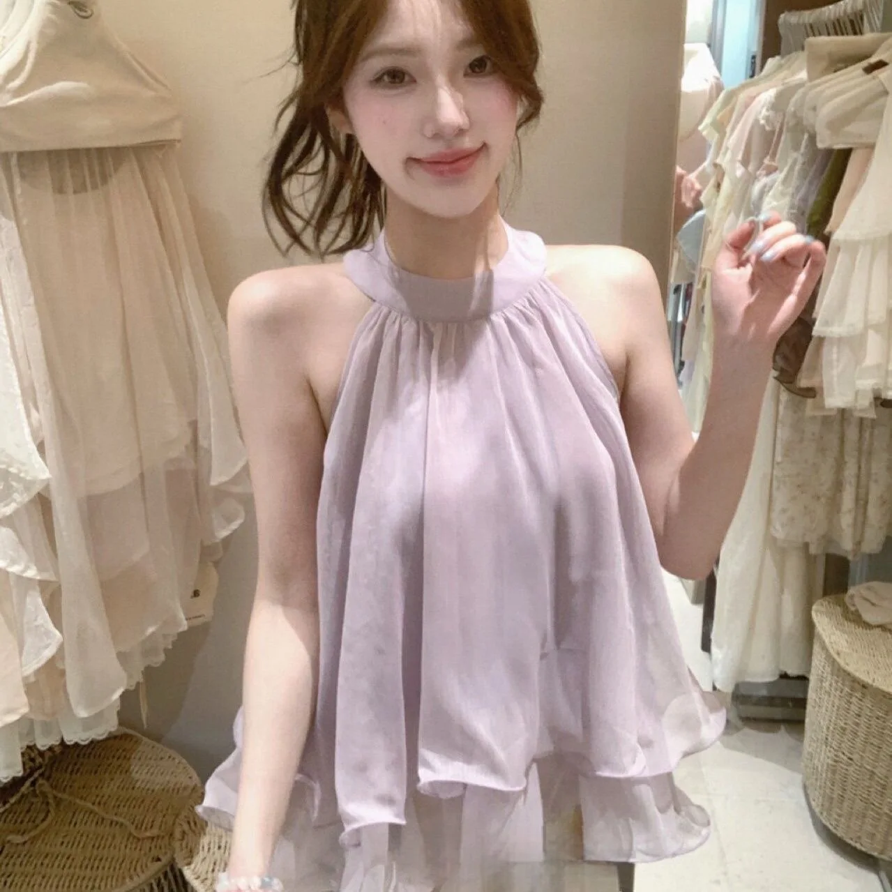 Summer Korean Style Pure Desire Atmosphere Lotus Leaf  Hanging Neck Loose Sleeveless Women's Top Daily Wear Girls' Clothes