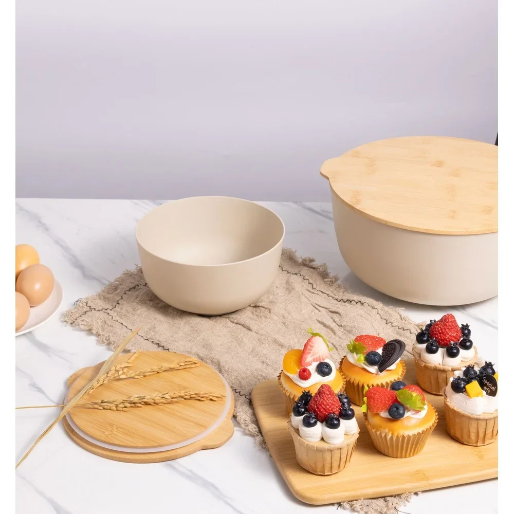 Set di ciotole da 4 pezzi con coperchi in bambù impilabili, facili da pulire, ecologici, per riporre la cucina, capacità di 5qt, cottura, cottura, preparazione dei pasti