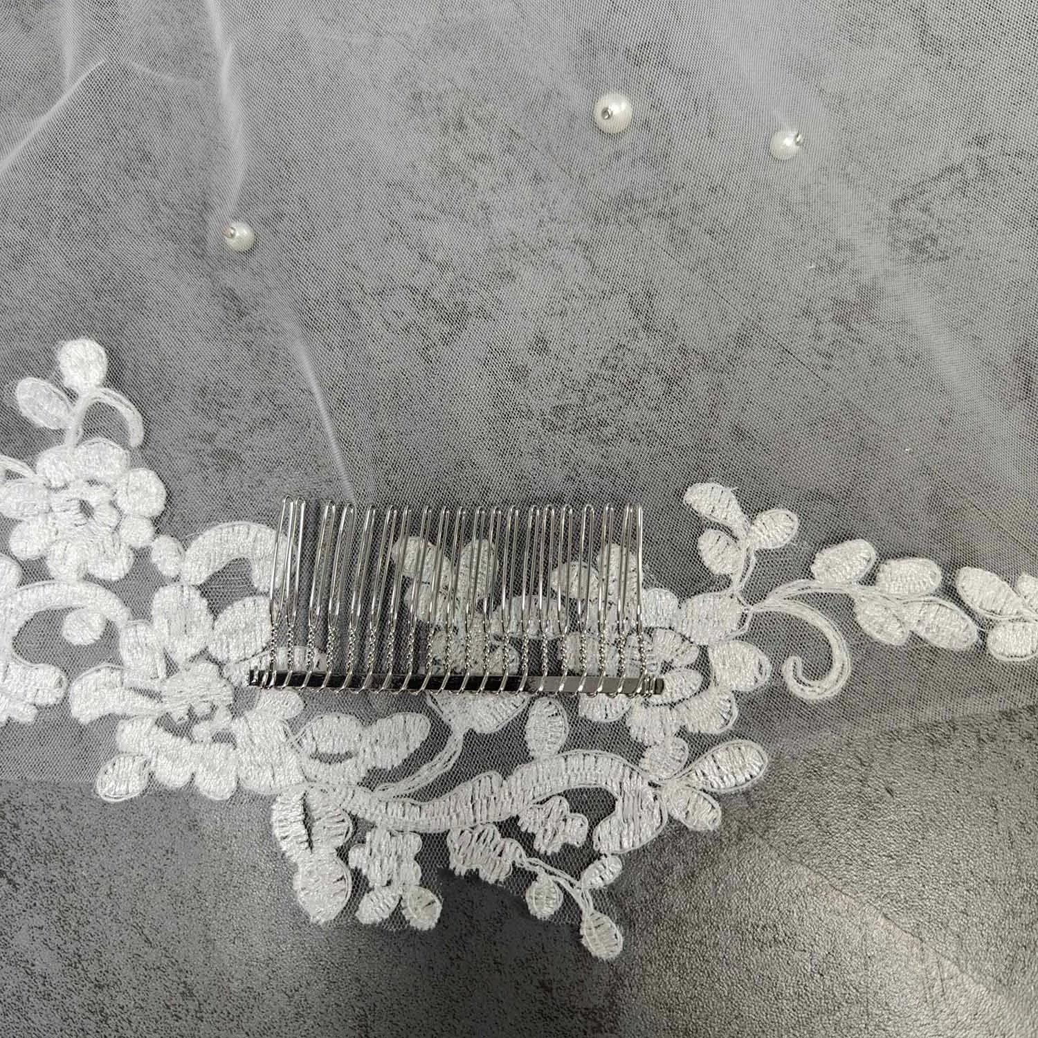 طرحة زفاف دانتيل مانتيلا مخصصة مع لؤلؤ، طرحة زفاف طويلة 2.5 م/3 م مع مشط مخفي، حجاب لؤلؤ أبيض/عاجي، B116