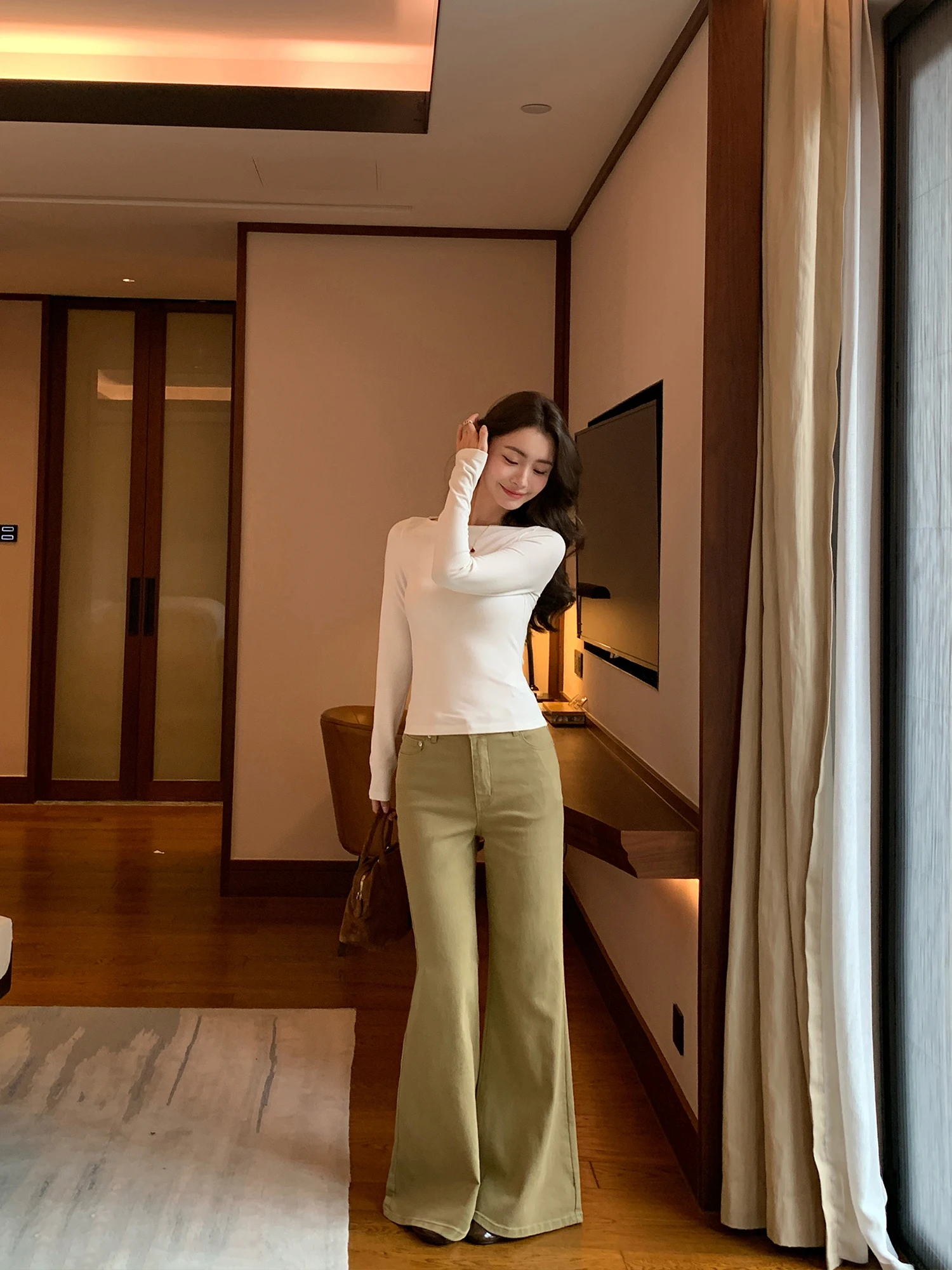 

Джинсы Pusumede свободного кроя, расклешенные, цвета хаки, женские, свободные, стройнящие, удлиненные, прямые, повседневные, из хлопка