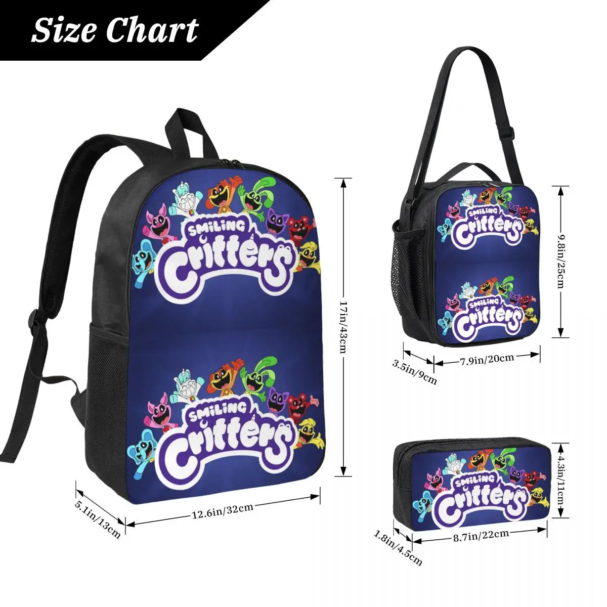 Smiling Critters Cartoon Game Backpack Boys Girls BookBag School Bag Computer Shoulder Bags 3ps Insulated Lunch Bag Pencil Case