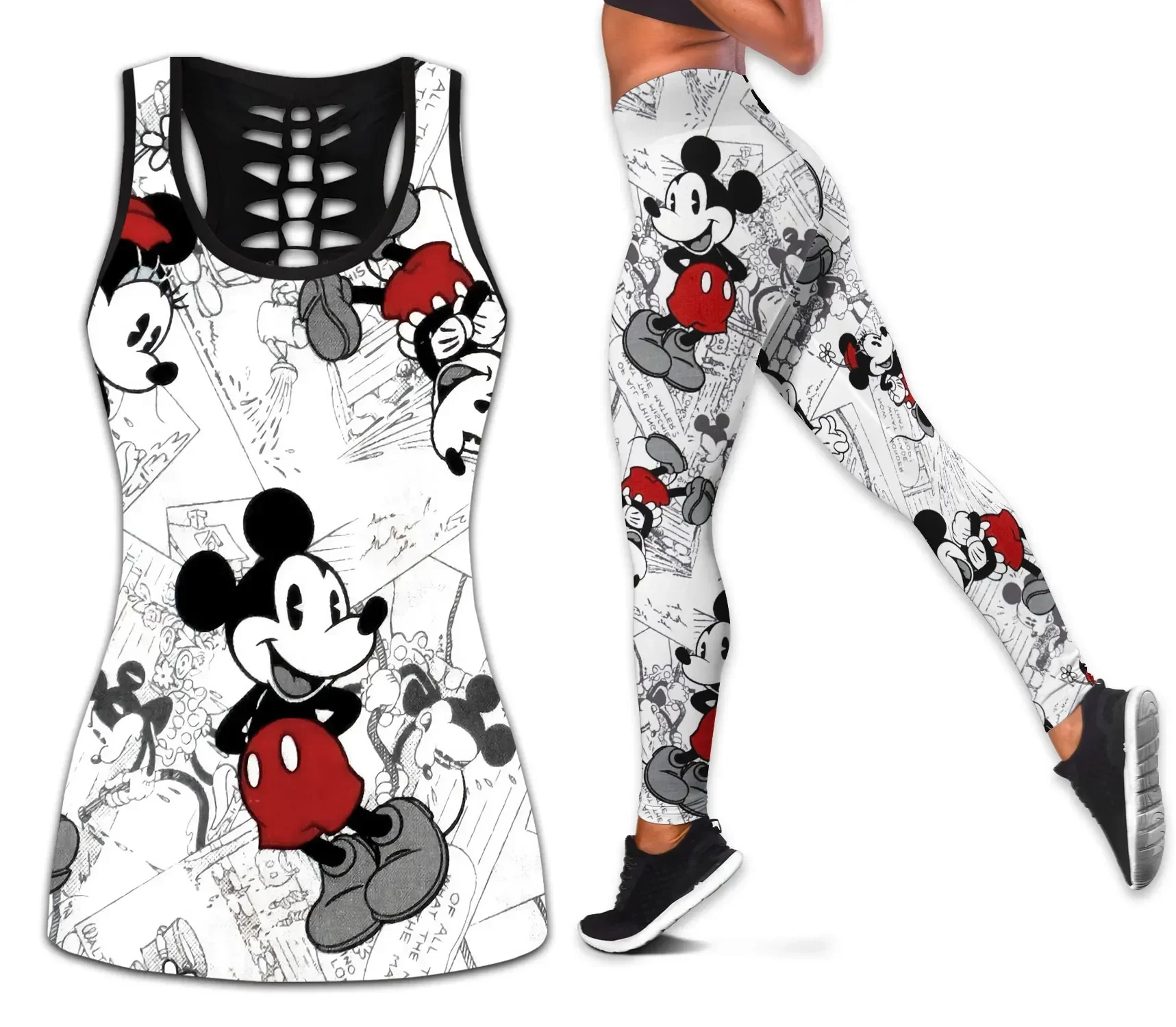 New Mickey Mouse Womens Hollow Vest + Women's Leggings Yoga Suit Fitness Leggings Sports Suit Disney Tank Top Legging Set Outfit