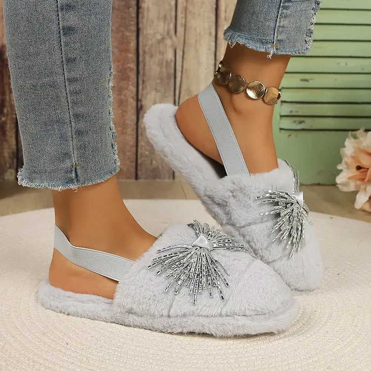 women's autumn/winter new fur for fashionable cotton for outdoor wear solid color one line dragging rhinestone plush slippers
