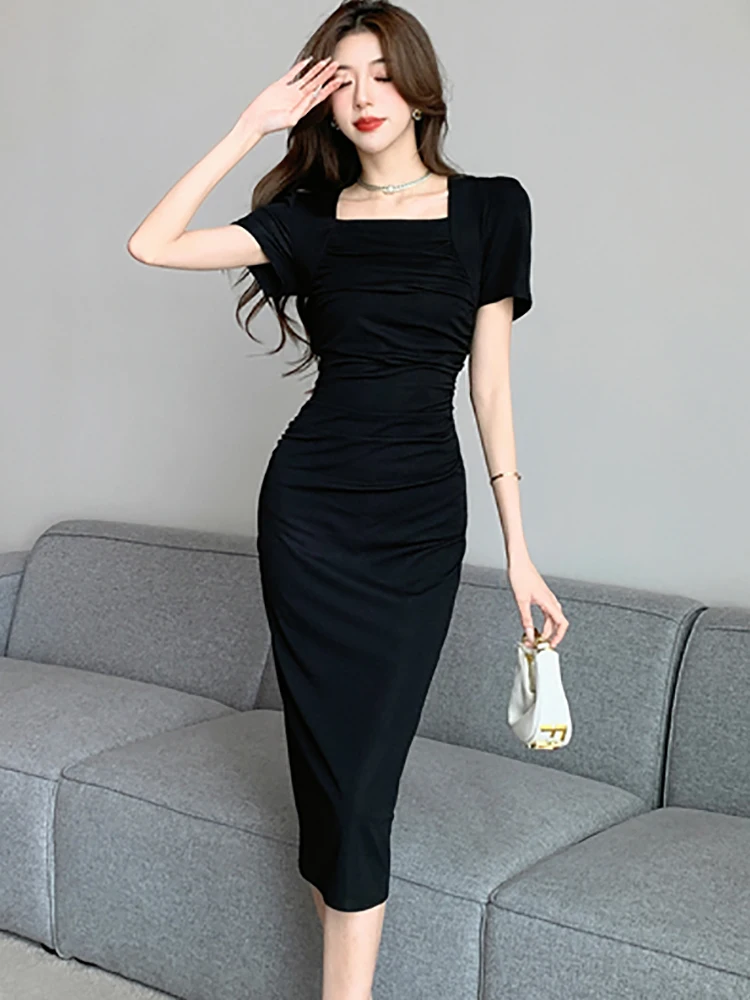 Summer Black Short Sleeve Square Collar Midi Dress Women Pleated Bodycon Home Dress 2024 Korean Vintage Hepburn Elegant Vestidos